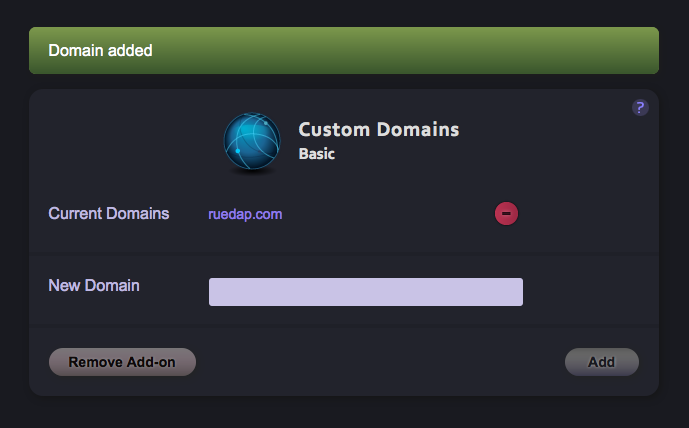 Custom Domainsアドオンの設定画面